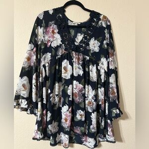 JODIFL Navy Floral Blouse with Lace Detail and Bell Sleeves